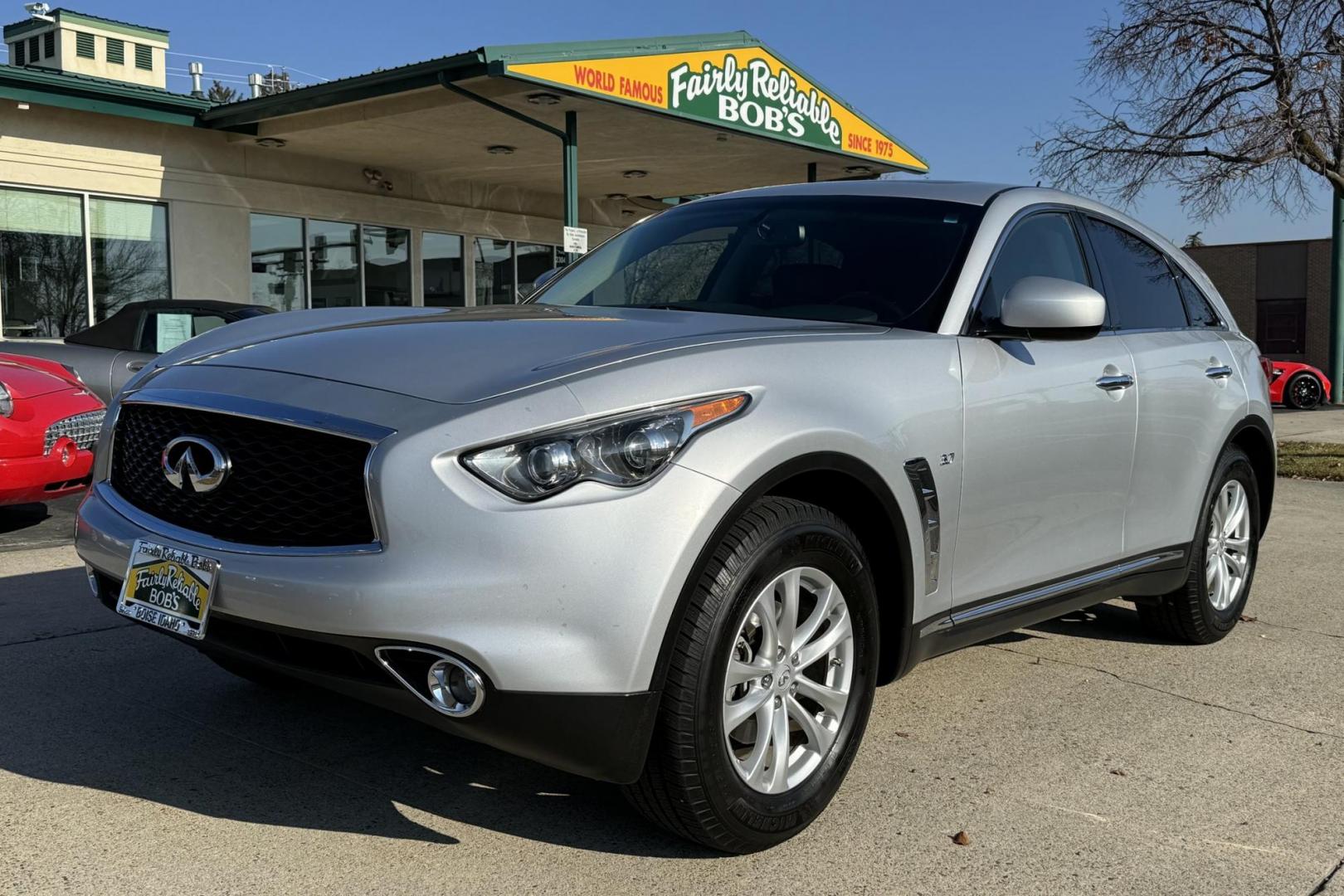 2017 Silver /Black Infiniti QX70 (JN8CS1MW0HM) with an V6 3.7 Liter engine, Automatic 7 Speed w/ Rev Match transmission, located at 2304 W. Main St., Boise, ID, 83702, (208) 342-7777, 43.622105, -116.218658 - All Wheel Drive Luxury! - Photo#0